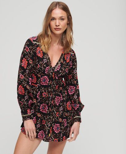 Women's Printed V-Neck Mini Tea Dress Black / Mori Floral Brown - Size: 10 - Superdry - Modalova