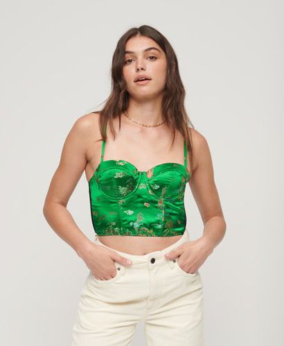 Women's Embroidered Satin Brocade Crop Corset Top, Green, Black and Gold, Size: 14 - Superdry - Modalova