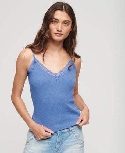 Women's Organic Cotton Essential Rib Lace Cami Top Blue / Blush Blue Marl - Size: S/M - Superdry - Modalova