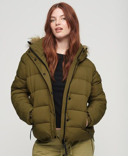 Women's Faux Fur Short Hooded Puffer Jacket Khaki / Camouflage Khaki - Size: 10 - Superdry - Modalova