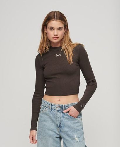 Women's Ribbed Long Sleeve Embroidered Crop Top Brown / Dark Oak Brown - Size: 8 - Superdry - Modalova