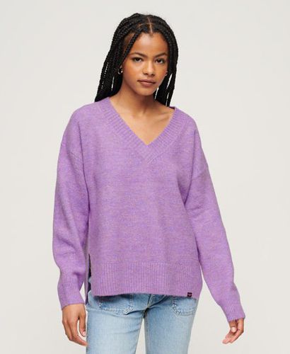 Ladies Loose Fit Ribbed Trims Oversized V Neck Jumper, Purple, Size: 14 - Superdry - Modalova