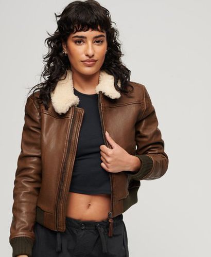 Women's Leather Borg Collar Jacket Brown / Vintage Chocolate Brown - Size: 16 - Superdry - Modalova
