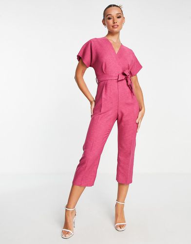 Tuta jumpsuit stile kimono color prugna allacciata in vita - Closet London - Modalova