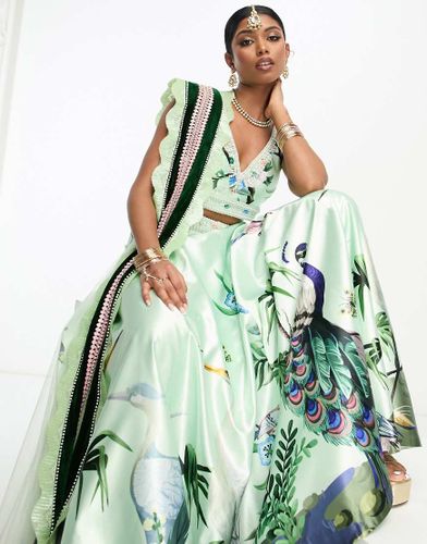 Gonna lehenga e sciarpa dupatta in raso color ghiaccio con stampa floreale in coordinato - A Star Is Born - Modalova