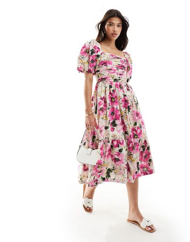 Emerson - Vestito midi in misto lino con stampa floreale e maniche a sbuffo - Abercrombie & Fitch - Modalova