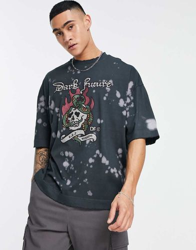 ASOS Dark Future - T-shirt oversize nera con bordi grezzi lavaggio acido con stampa - ASOS DESIGN - Modalova