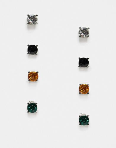 Confezione da 4 paia di orecchini a bottone argentati con cristallo nero, color topazio e verde - ASOS DESIGN - Modalova