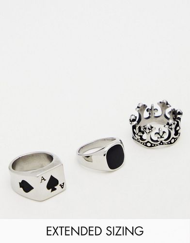 Confezione da 3 anelli con sigillo in acciaio inossidabile argentato con pietra, corona e asso di picche - ASOS DESIGN - Modalova