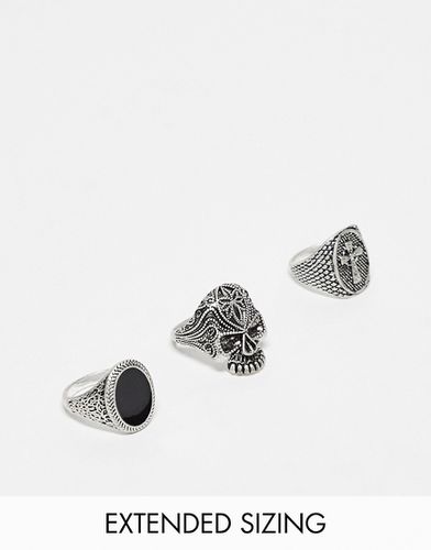 Confezione da 3 anelli color brunito con design con teschio, croce e sigillo in smalto nero - ASOS DESIGN - Modalova