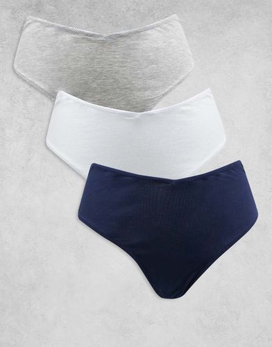 Confezione da 3 brasiliane a vita alta in cotone blu navy, grigio mélange e bianco - ASOS DESIGN - Modalova