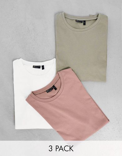 Confezione da 3 T-shirt a maniche lunghe girocollo bianca e rosa slavato e kaki - ASOS DESIGN - Modalova