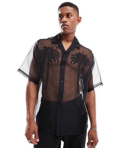 Camicia oversize nera in organza con palme ricamate e rever - ASOS DESIGN - Modalova