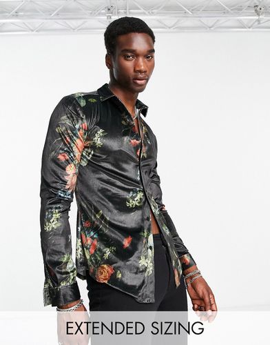 Camicia skinny elasticizzata in velluto con stampa a fiori scura - ASOS DESIGN - Modalova