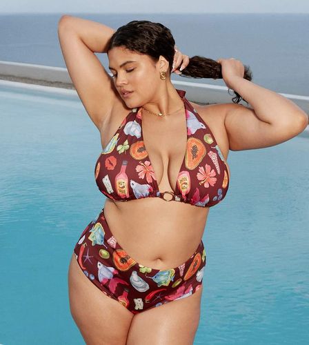 ASOS DESIGN Curve - Celeste - Bas de bikini échancré à taille haute - Imprimé vacances - Asos Curve - Modalova