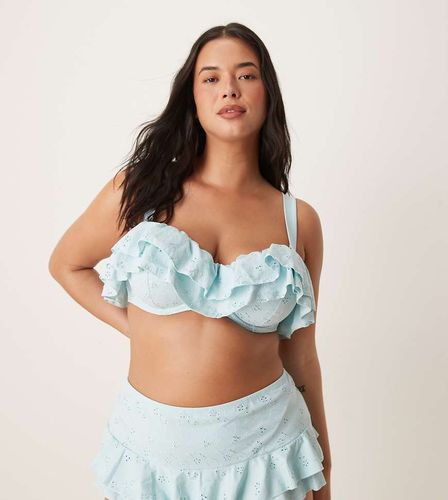 ASOS DESIGN Curve - Bobbi - Bas de bikini taille haute en broderie anglaise à volants - Bleu - Asos Curve - Modalova