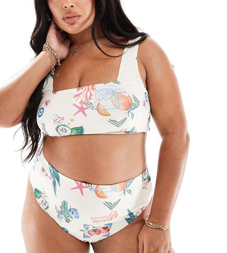 Curve - Slip bikini sgambati a vita alta con stampa stile cartolina - ASOS DESIGN - Modalova