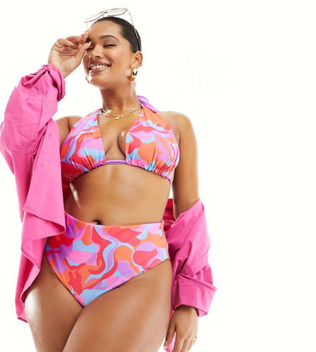 Curve - Slip bikini sgambati a vita alta double-face con stampa astratta - ASOS DESIGN - Modalova