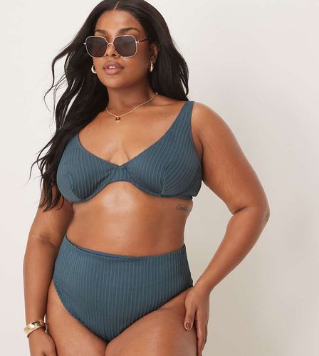 ASOS DESIGN Curve - Riddy - Bas de bikini côtelé échancré à taille haute - Bleu ardoise - Asos Curve - Modalova