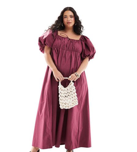 ASOS DESIGN Curve - Vestito a grembiule midi bordeaux con maniche a sbuffo - ASOS Curve - Modalova