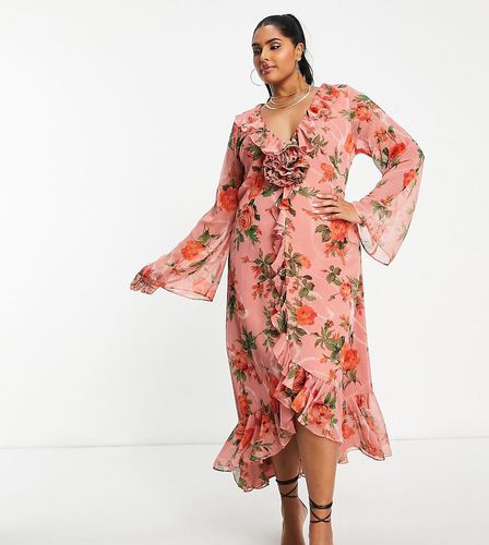 ASOS DESIGN Curve - Vestito midi rosa a fiori con scollo profondo e corsetto con volant - ASOS Curve - Modalova