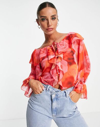 Blusa con volant frontali e laccetti con stampa di rose sfocata - ASOS DESIGN - Modalova