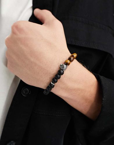 Bracciale argentato con pietre occhio di tigre semipreziose e testa di ghepardo - ASOS DESIGN - Modalova