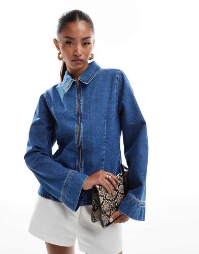 Giacca harrington aderente in denim medio - ASOS DESIGN - Modalova