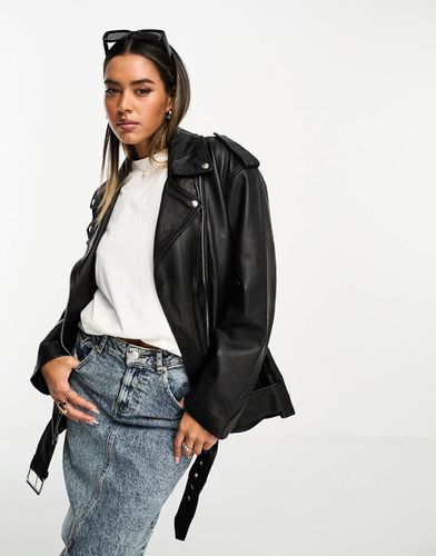 Giacca stile motociclista liscia nera in vera pelle premium - ASOS DESIGN - Modalova