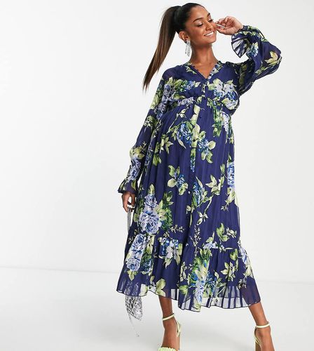 ASOS DESIGN Maternity - Vestito midi in raso blu navy a righe con manica a campana, bottoni e stampa a fiori - ASOS Maternity - Modalova