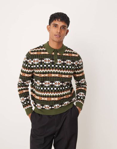 Maglione stile polo comodo squadrato con motivo azteco - ASOS DESIGN - Modalova