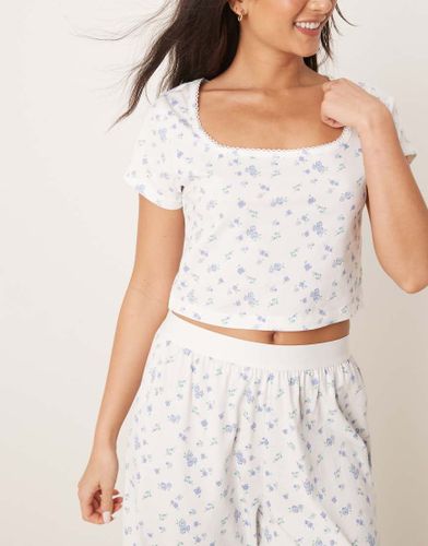Mix & Match - T-shirt de pyjama ajusté à bordures picot et petites fleurs - Bleu - Asos Design - Modalova