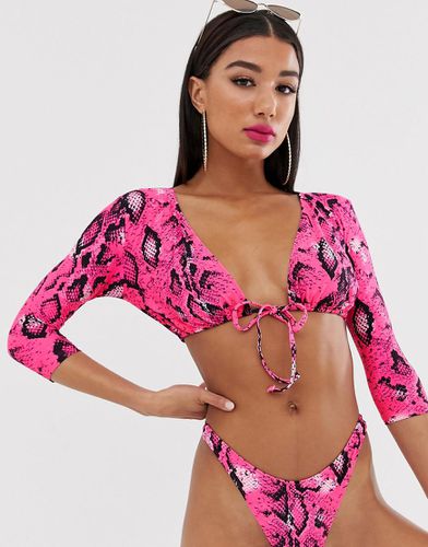 Mix & Match - Top bikini a maniche lunghe con nodo fluo stampa serpente - ASOS DESIGN - Modalova