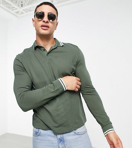 Polo a maniche lunghe in piqué kaki con bordi a contrasto - MGREEN - ASOS DESIGN - Modalova