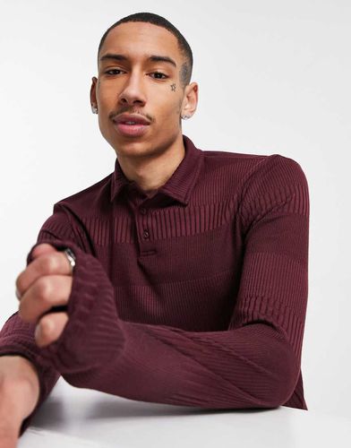 Polo attillata a maniche lunghe bordeaux con zip e motivo elegante a coste - ASOS DESIGN - Modalova