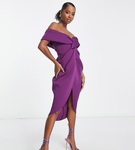 ASOS DESIGN Petite - Vestito midi color uva con spalle scoperte e incrocio sul davanti - ASOS Petite - Modalova