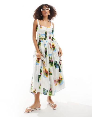 Prendisole midi stile picnic in voile con stampa di cartoline - ASOS DESIGN - Modalova