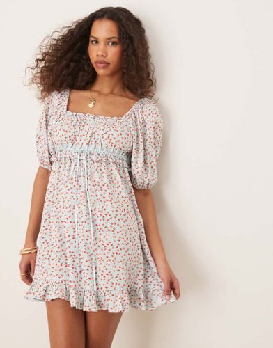 Robe babydoll courte à petites fleurs avec manches bouffantes et encolure carrée - Bleu - Asos Design - Modalova