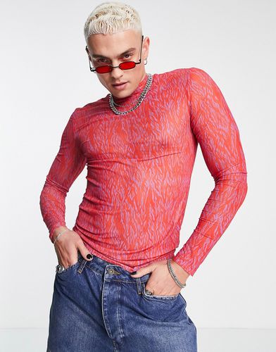 T-shirt aderente dolcevita in rete rossa stampata a maniche lunghe - ASOS DESIGN - Modalova