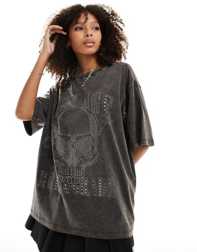 T-shirt oversize antracite slavato con applicazioni a caldo e stampa di teschio stile rock - ASOS DESIGN - Modalova