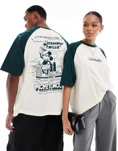 T-shirt oversize sporco con maniche raglan verdi e stampa del Steamboat Willie - ASOS DESIGN - Modalova