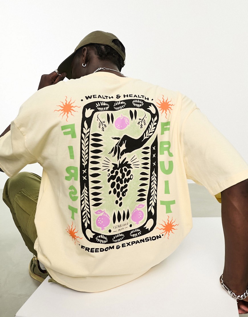 T-shirt oversize color pietra con stampa di frutta sulla schiena - ASOS DESIGN - Modalova