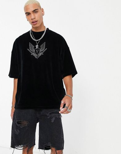 T-shirt oversize in velour nero con stampa con borchie - ASOS DESIGN - Modalova