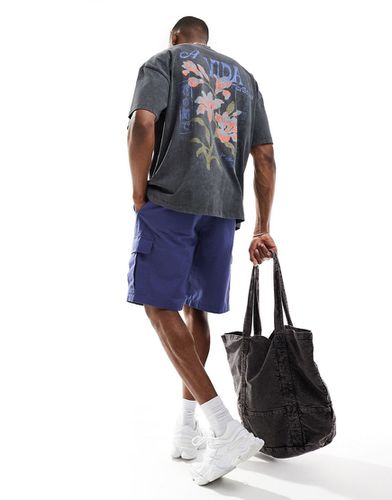 T-shirt oversize pesante antracite slavato con stampa a fiori sulla schiena - ASOS DESIGN - Modalova