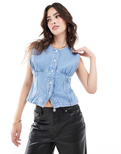 Top in denim medio con bustino arricciato - ASOS DESIGN - Modalova