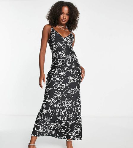 ASOS DESIGN Tall - Vestito sottoveste lungo in raso ad apice alto nero base a fiori bianchi - ASOS Tall - Modalova