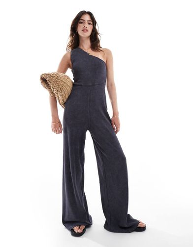 Tuta jumpsuit antracite slavato a coste monospalla - ASOS DESIGN - Modalova