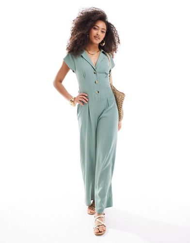 Tuta jumpsuit in lino kaki con colletto e bottoni - ASOS DESIGN - Modalova