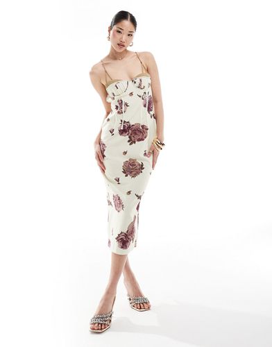 Vestito a longuette a pannelli effetto lino con stampa a fiori, coppe e cut-out - ASOS DESIGN - Modalova