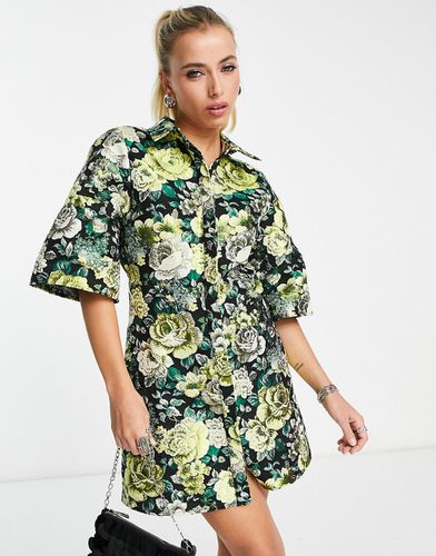 Vestito camicia corto con maniche a kimono in jacquard metallizzato con stampa a fiori grandi - ASOS DESIGN - Modalova